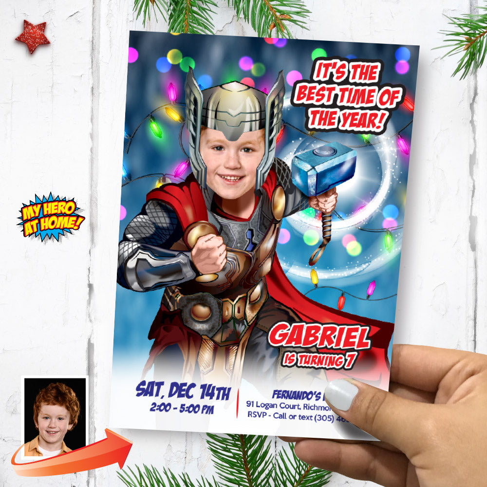 Thor Christmas Birthday party invitation with photo, Custom Thor Christmas Theme Party. 2169IN