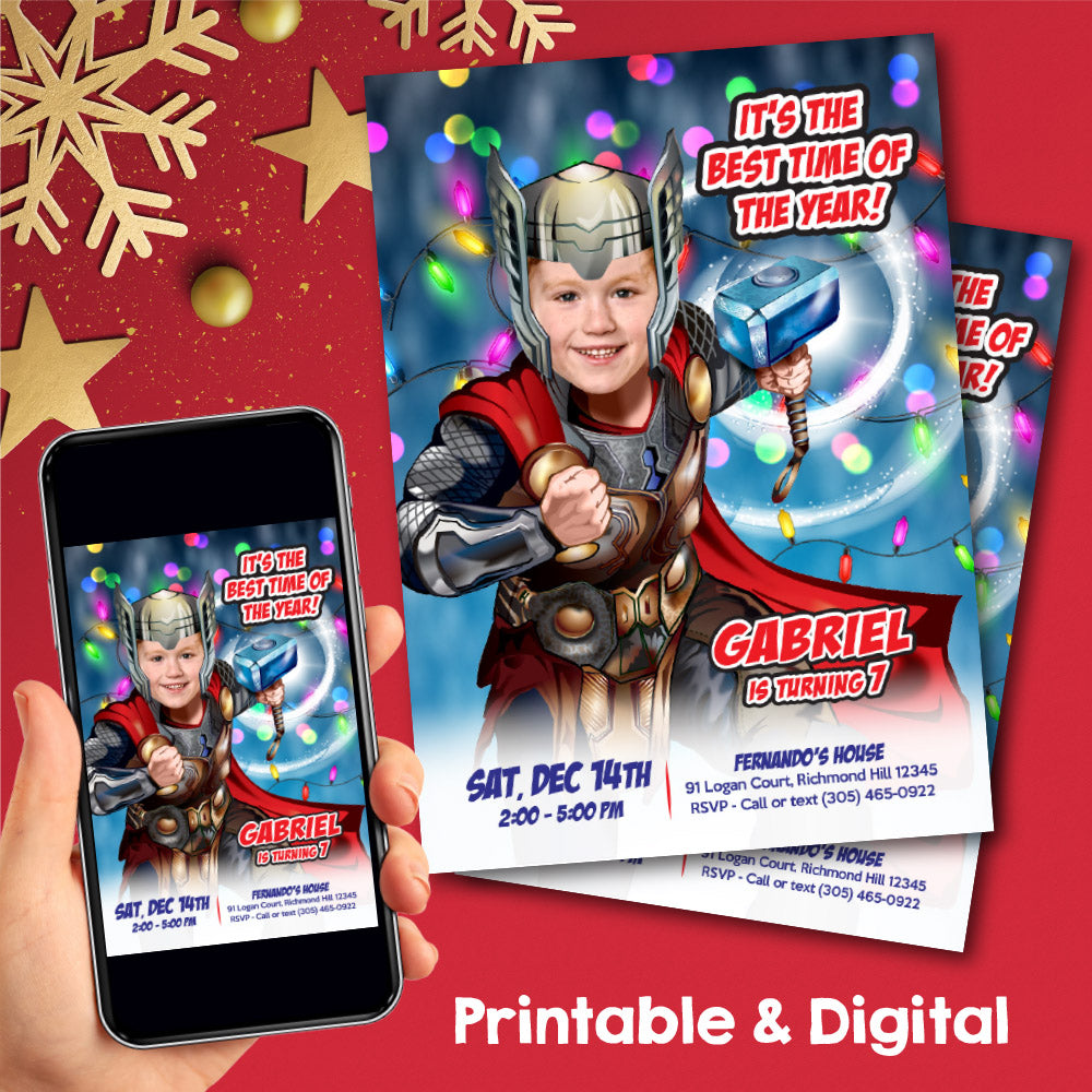 Thor Christmas Birthday party invitation with photo, Custom Thor Christmas Theme Party. 2169IN