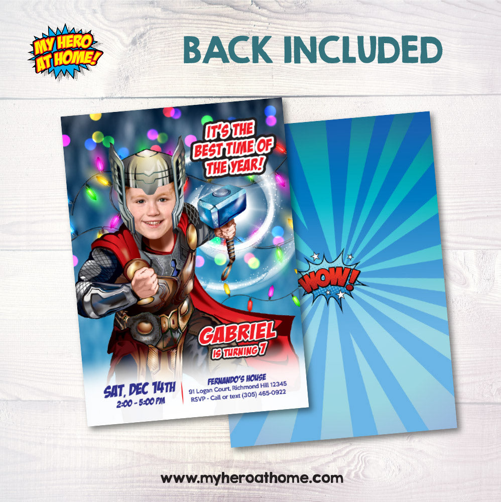 Thor Christmas Birthday party invitation with photo, Custom Thor Christmas Theme Party. 2169IN