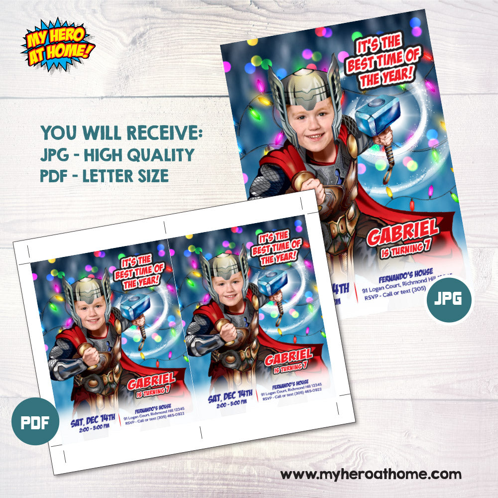 Thor Christmas Birthday party invitation with photo, Custom Thor Christmas Theme Party. 2169IN