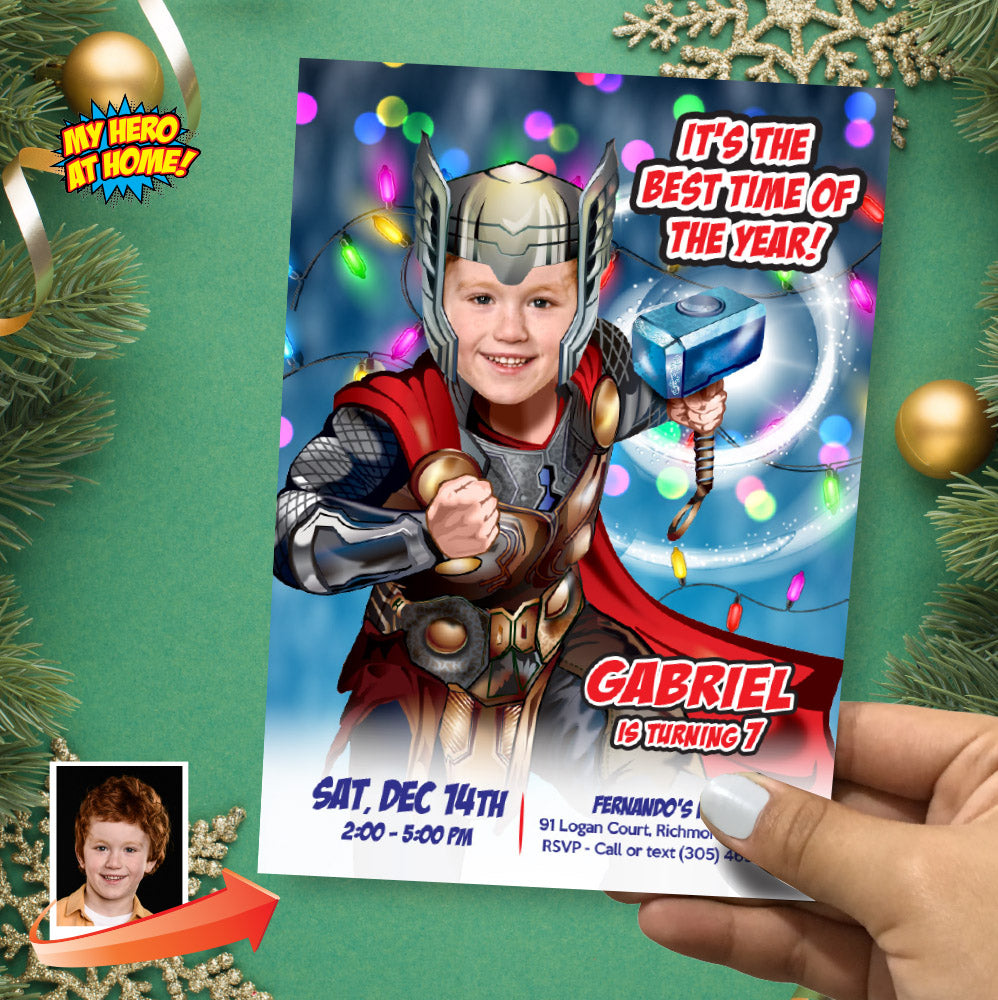 Thor Christmas Birthday party invitation with photo, Custom Thor Christmas Theme Party. 2169IN
