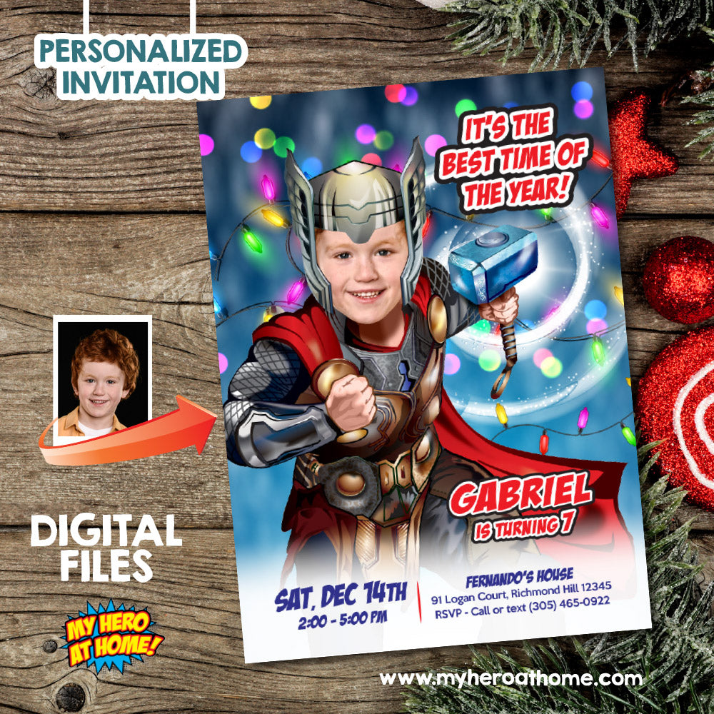 Thor Christmas Birthday party invitation with photo, Custom Thor Christmas Theme Party. 2169IN
