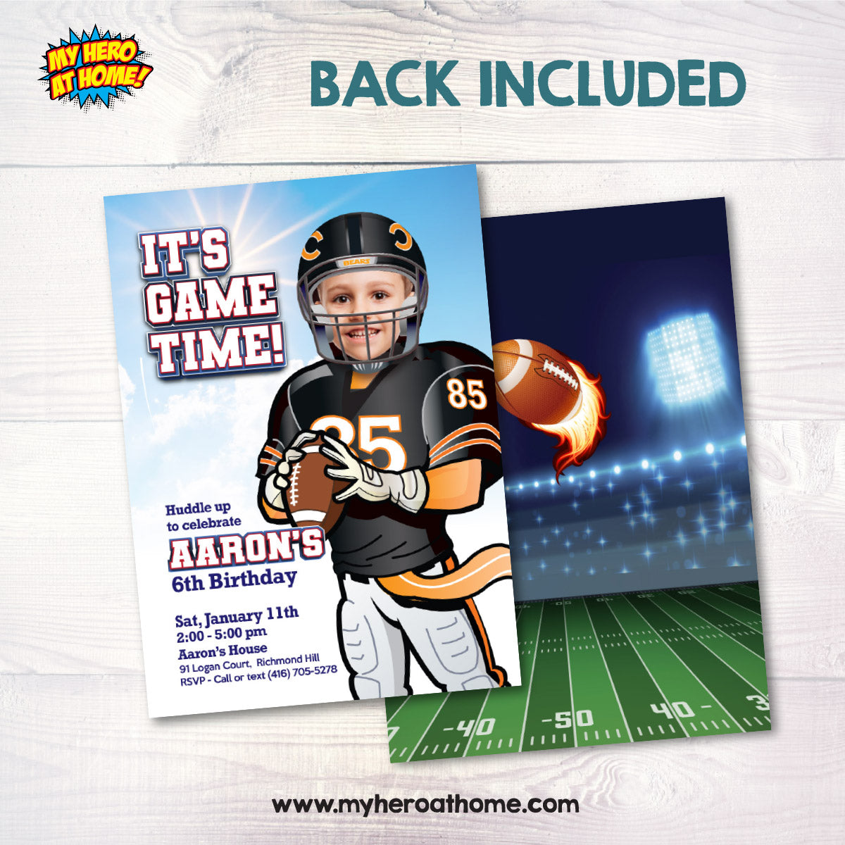 Custom Bears Birthday Party Invitation with photo, Chicago Bears Birthday template. 2200SIN