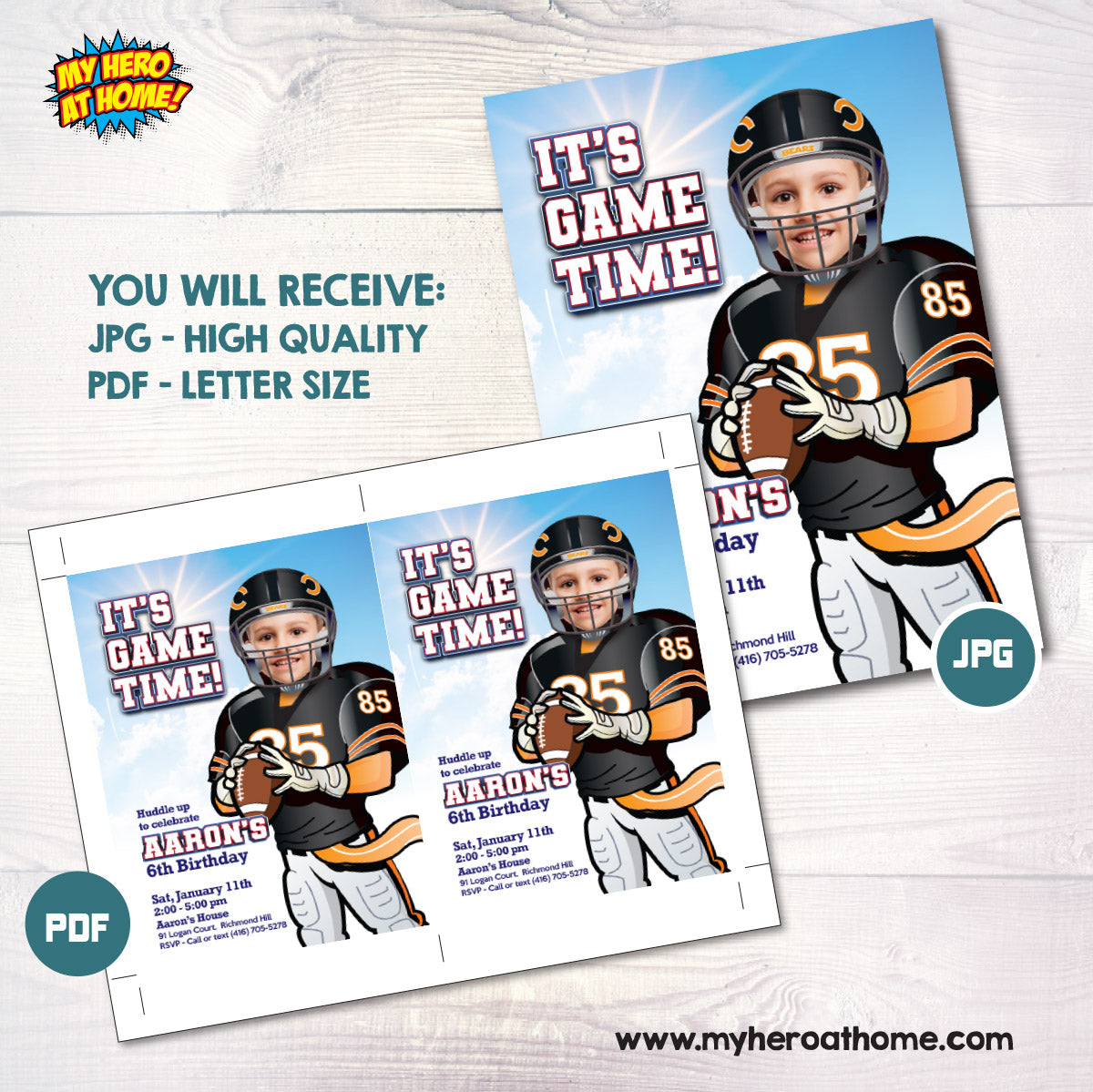 Custom Bears Birthday Party Invitation with photo, Chicago Bears Birthday template. 2200SIN