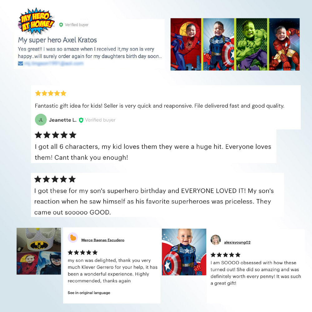 Six Gifts Prints of Superheroes with the photo of your kid, Set of 6 Super heroes prints, 6 prints of superheroes gifts. 2204F