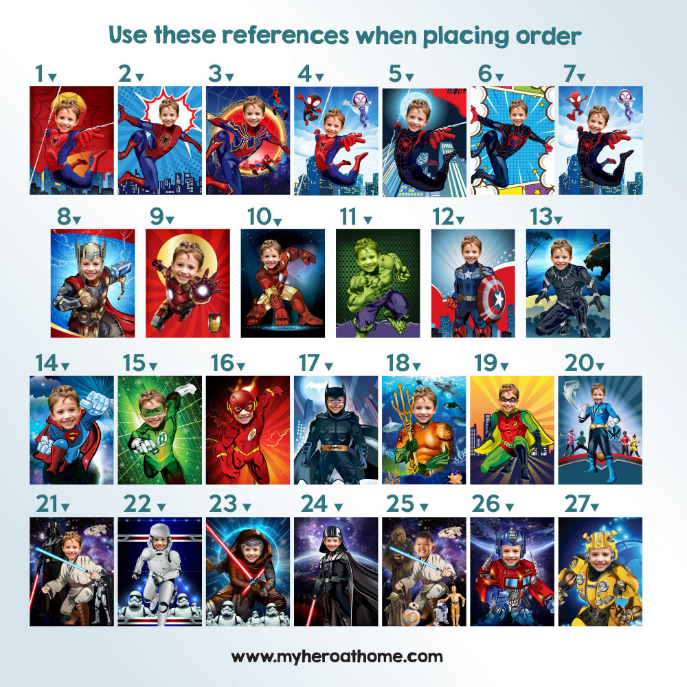 Four Superheroes prints wall decor with kid as the star, Easy printable gifts for super kids. 2204D