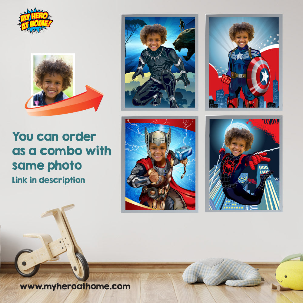 Four Superheroes prints wall decor with kid as the star, Easy printable gifts for super kids. 2204D