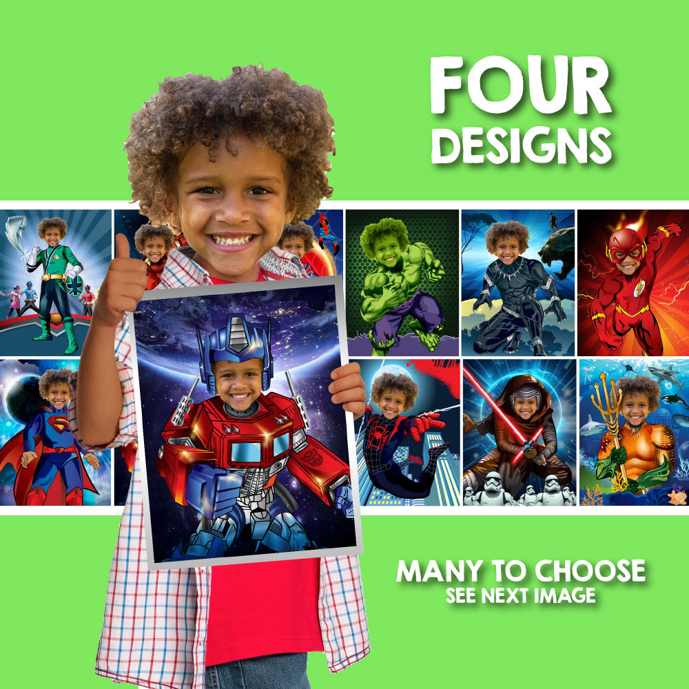 Four Superheroes prints wall decor with kid as the star, Easy printable gifts for super kids. 2204D