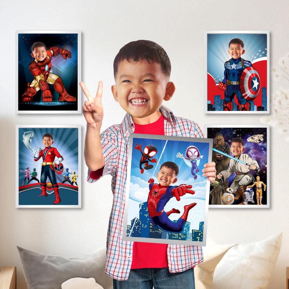 Five Superheroes printable Gifts with your child as the star, 5 prints Super heroes prints gifts. 2204E