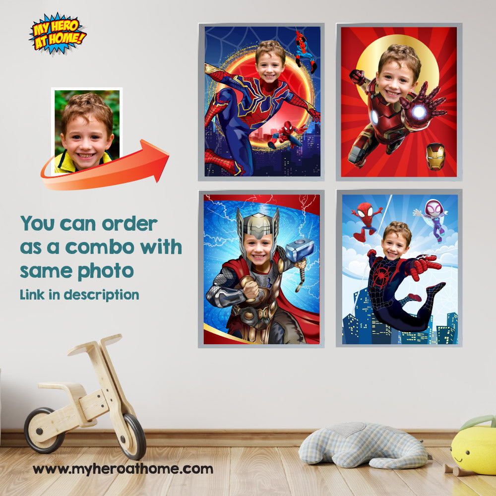 Six Prints of Superheroes with the photo of your kid, Personalized Set of 6 Superheros gifts. 2204F2