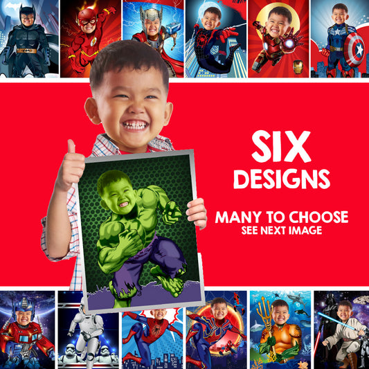 Six Gifts Prints of Superheroes with the photo of your kid, Set of 6 Super heroes prints, 6 prints of superheroes gifts. 2204F