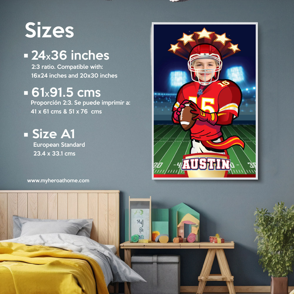 Printable Football Chiefs gifts with kid as the star player, Personalized Chiefs prints. 2220GF