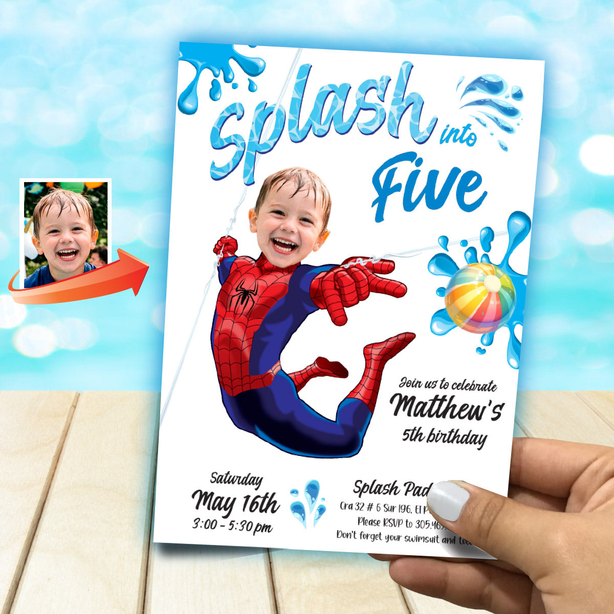 Custom Spiderman Splash into Age Birthday Invitation with Photo (Digital, Printable). 2228IN