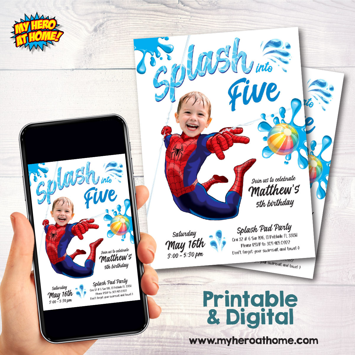 Custom Spiderman Splash into Age Birthday Invitation with Photo (Digital, Printable). 2228IN