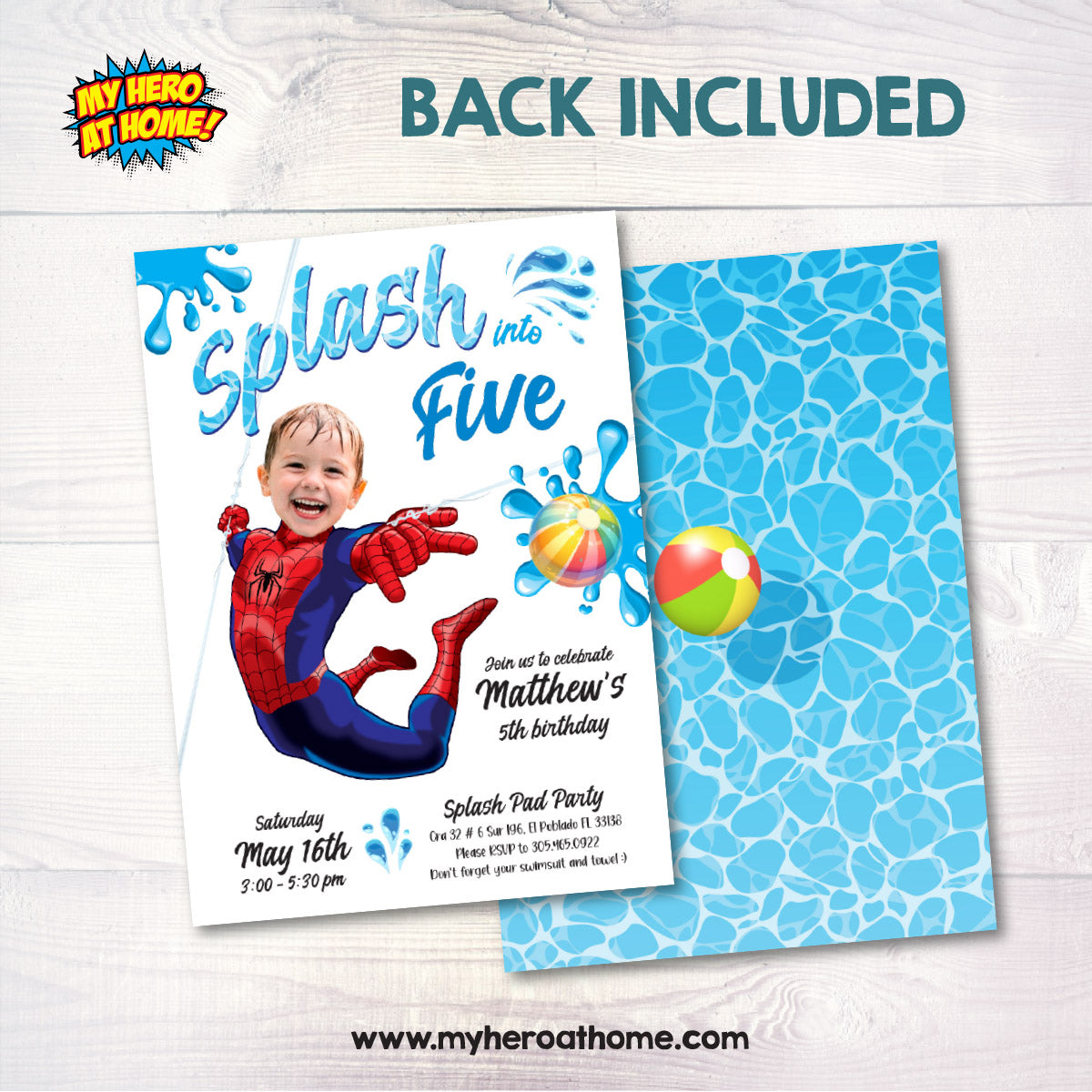 Custom Spiderman Splash into Age Birthday Invitation with Photo (Digital, Printable). 2228IN