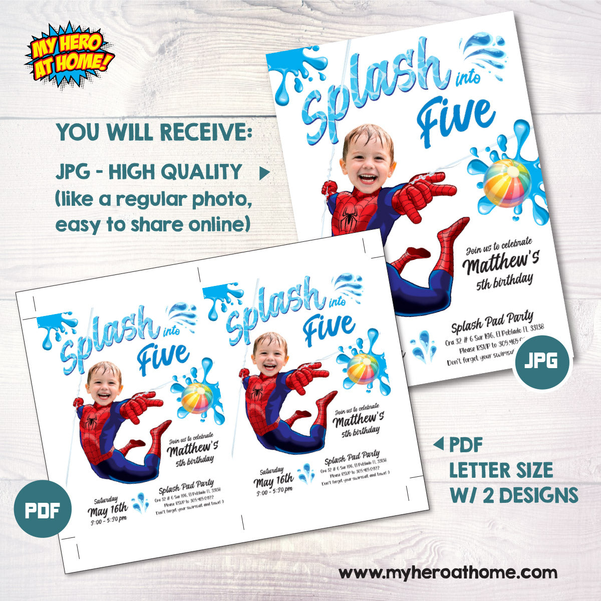 Custom Spiderman Splash into Age Birthday Invitation with Photo (Digital, Printable). 2228IN