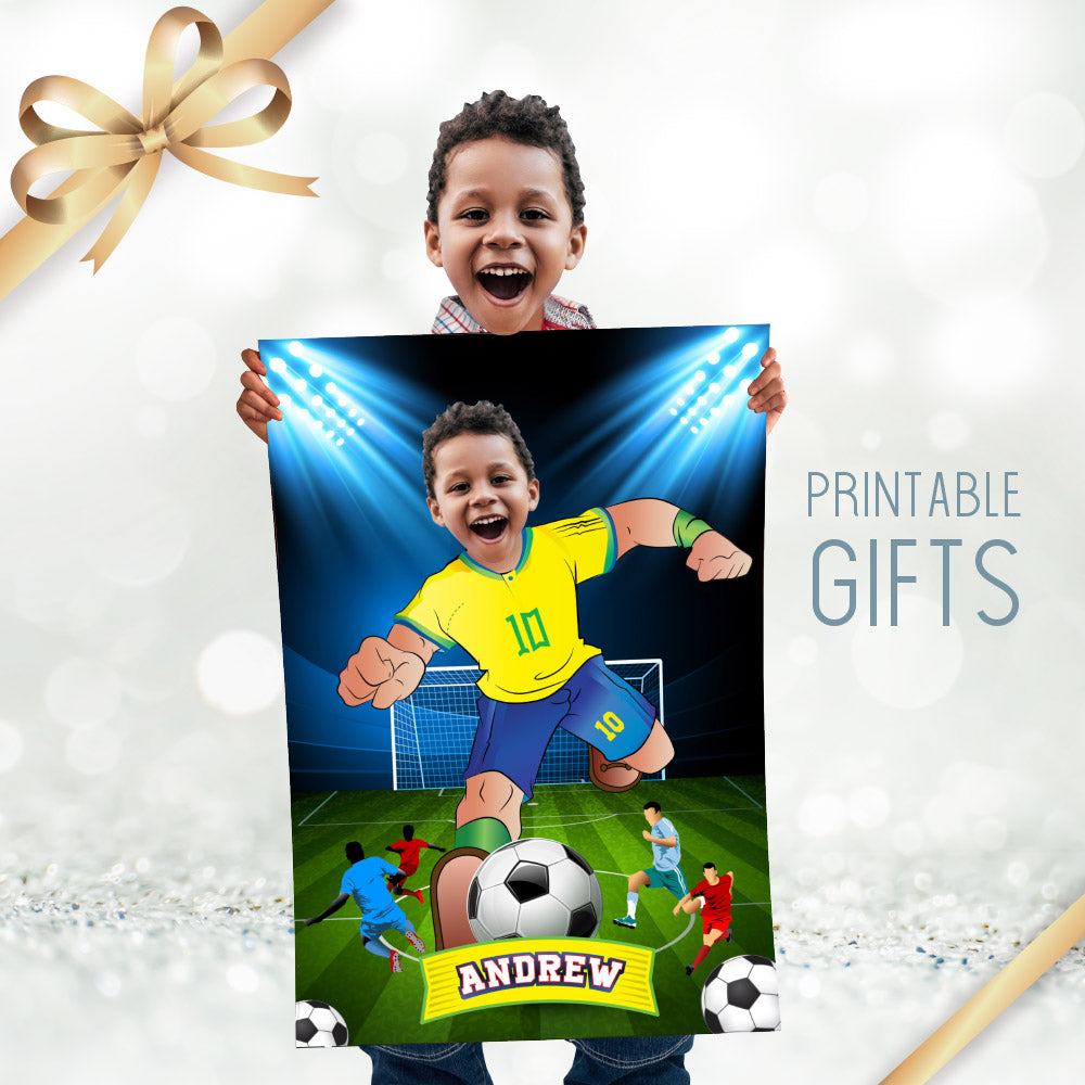 Soccer poster with kid as his favorite player Neymar, Printable gift of Brazilian football. 2241GF
