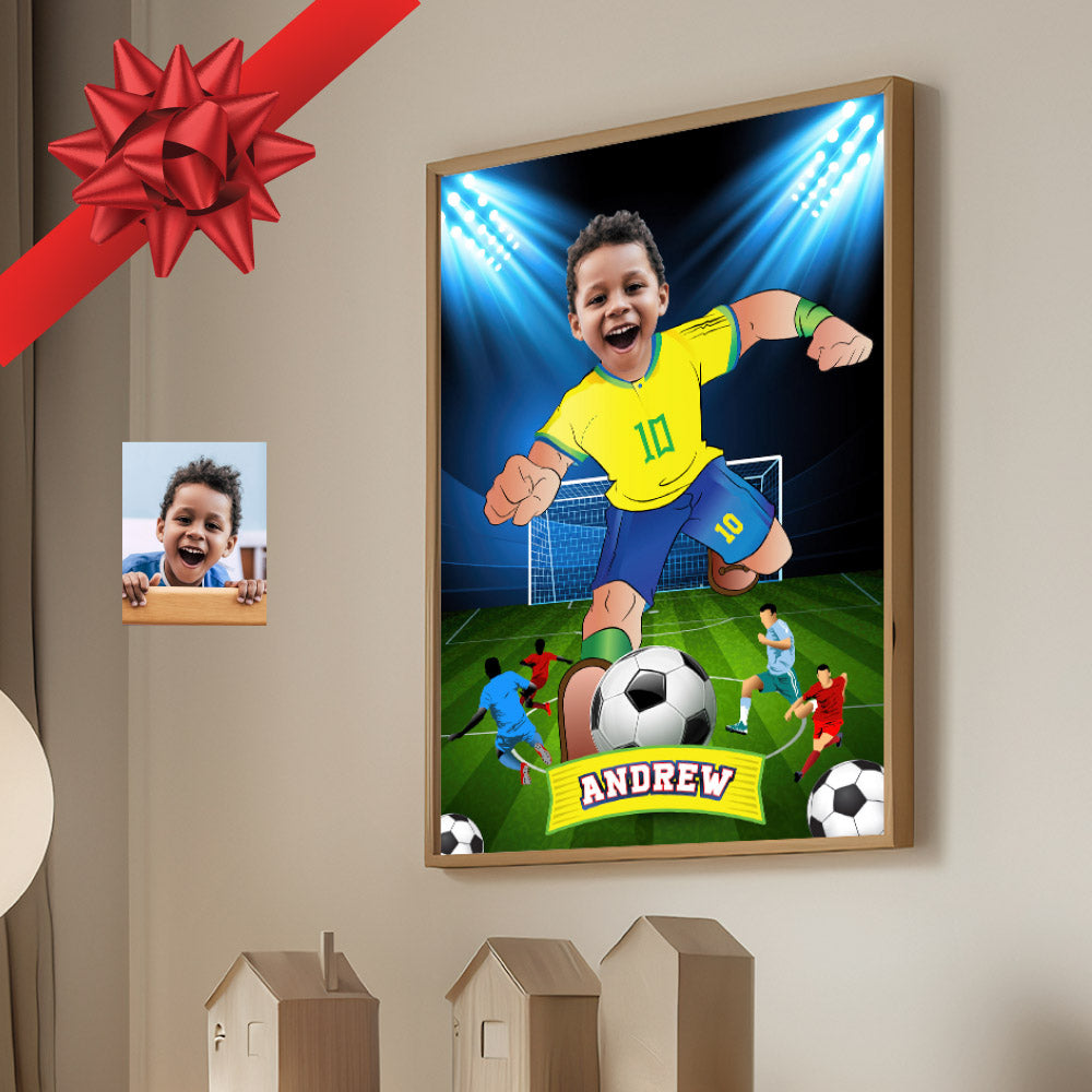 Soccer poster with kid as his favorite player Neymar, Printable gift of Brazilian football. 2241GF