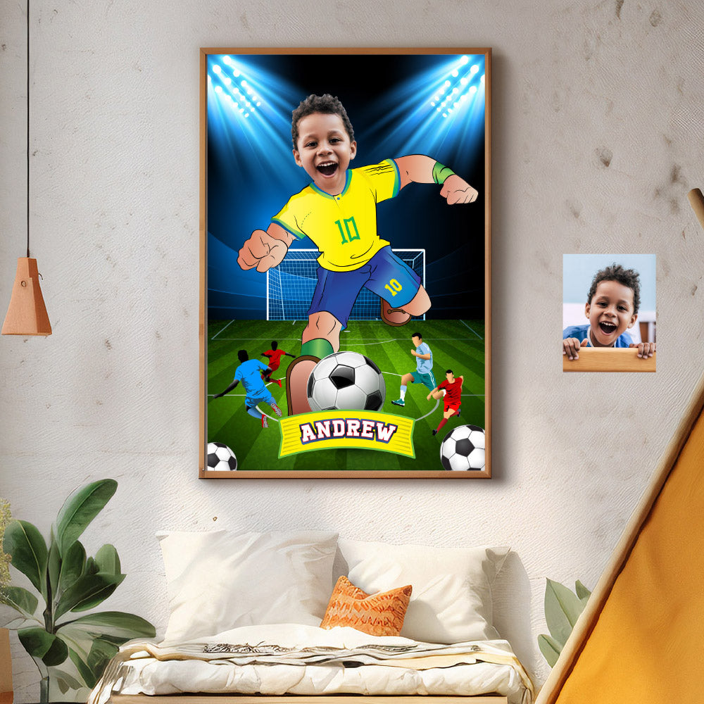 Soccer poster with kid as his favorite player Neymar, Printable gift of Brazilian football. 2241GF