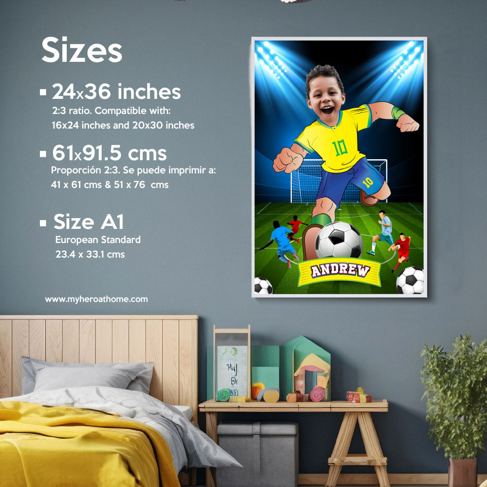 Soccer poster with kid as his favorite player Neymar, Printable gift of Brazilian football. 2241GF