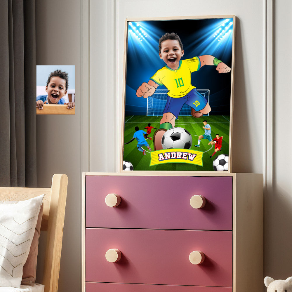 Soccer poster with kid as his favorite player Neymar, Printable gift of Brazilian football. 2241GF