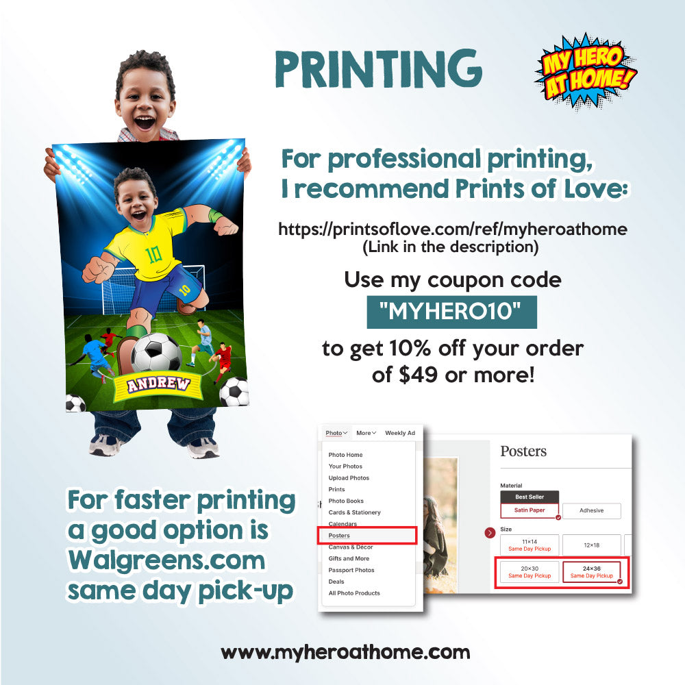 Soccer poster with kid as his favorite player Neymar, Printable gift of Brazilian football. 2241GF