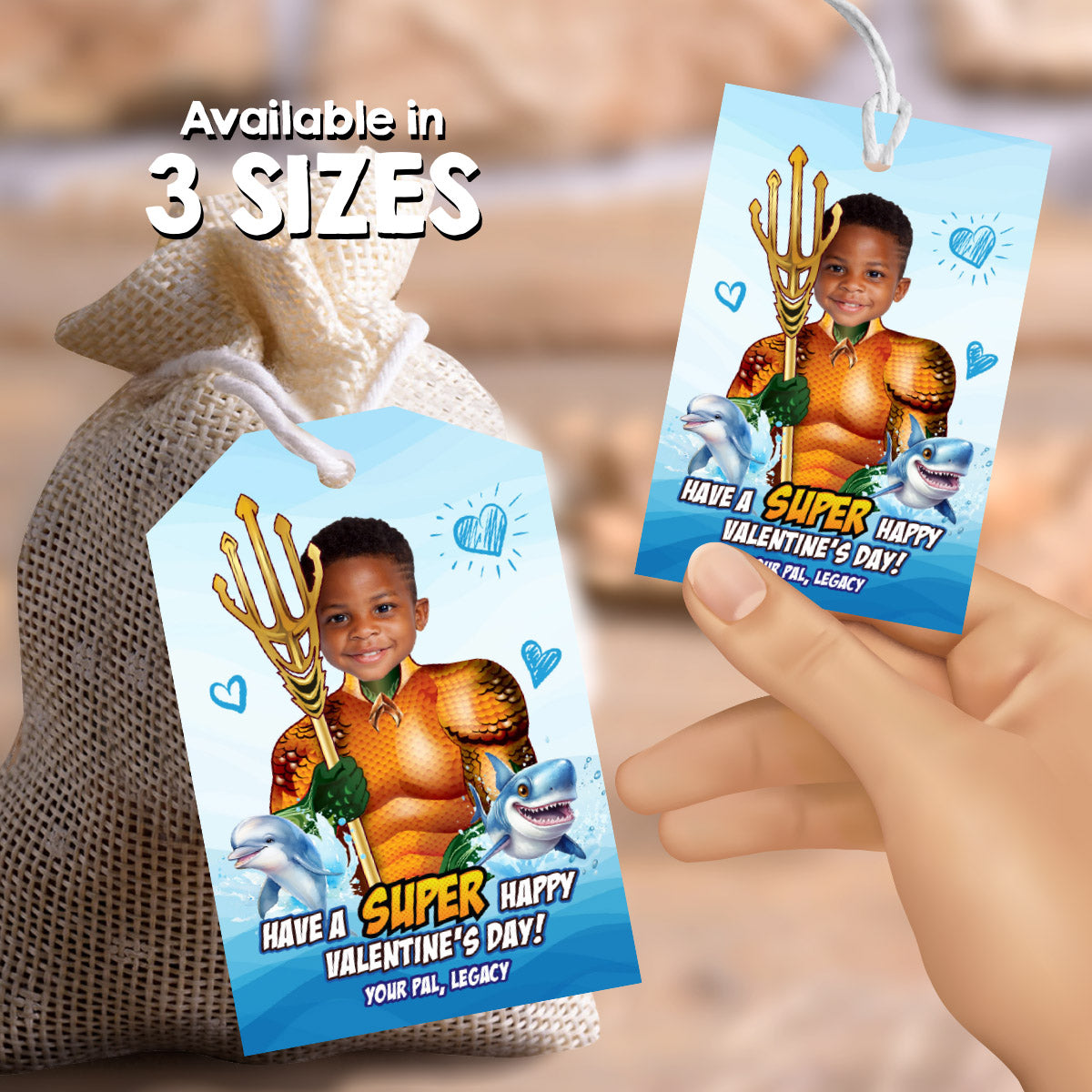 Personalized Aquaman Valentines tags with child as the star, Valentine Aquaman themed tags. 2246