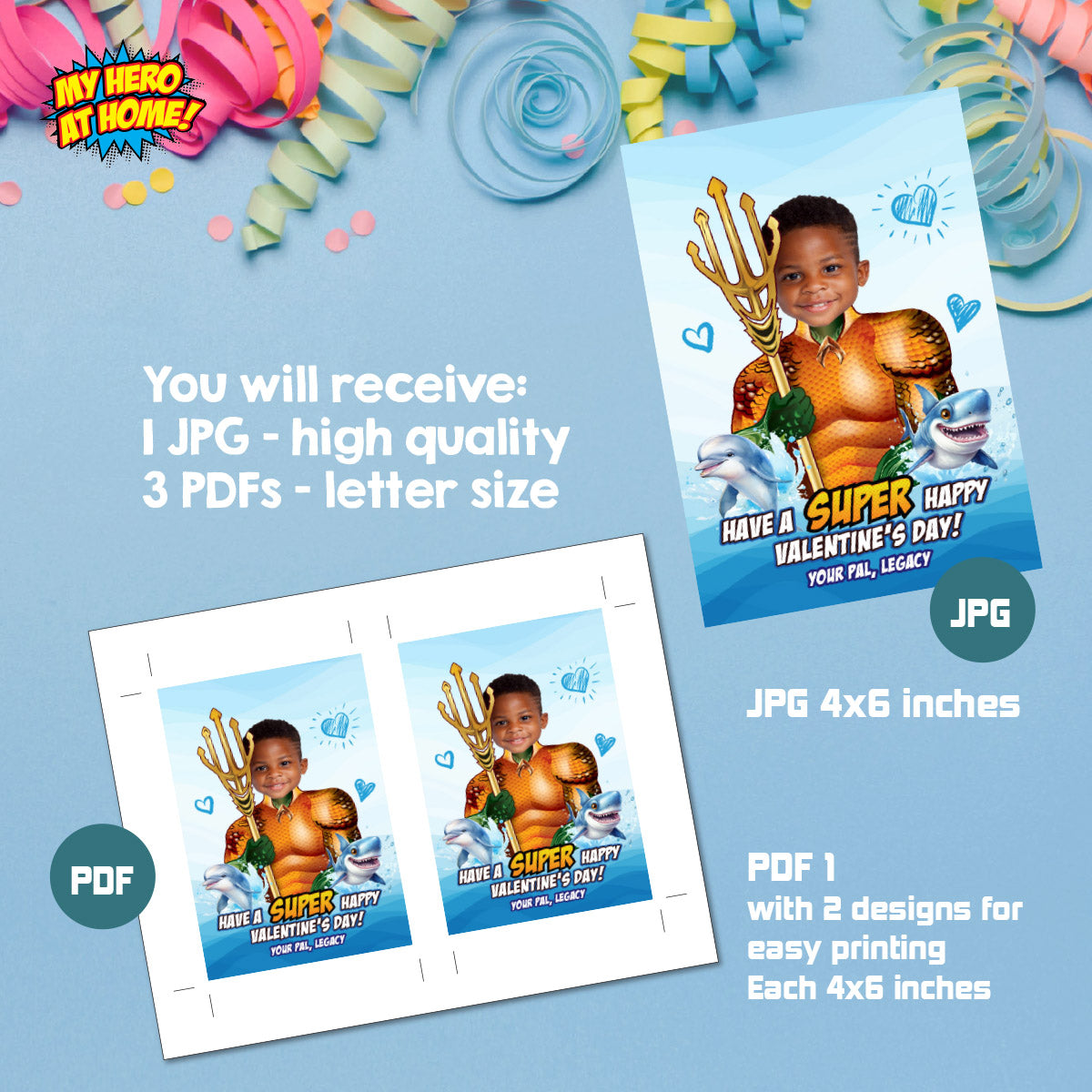 Personalized Aquaman Valentines tags with child as the star, Valentine Aquaman themed tags. 2246