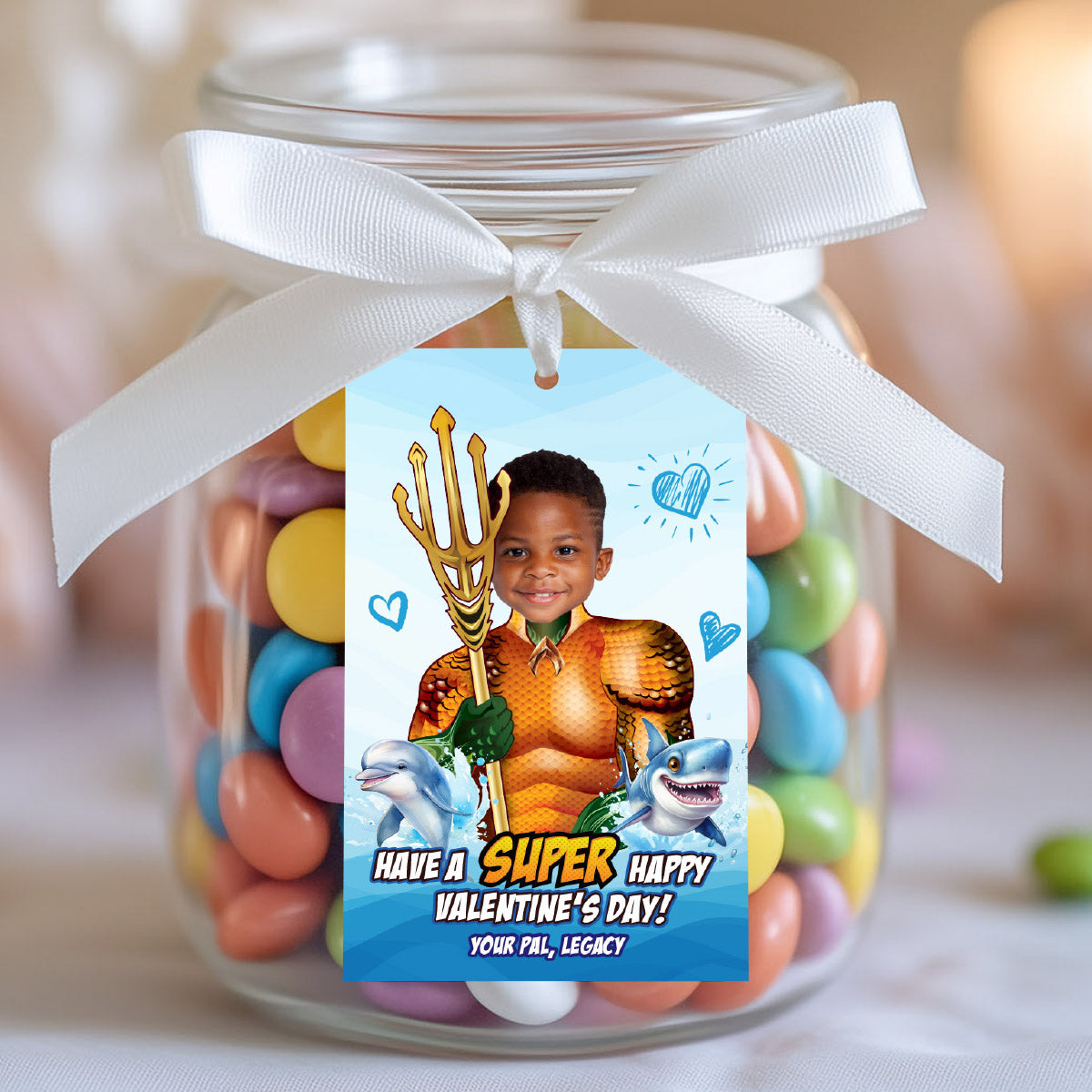 Personalized Aquaman Valentines tags with child as the star, Valentine Aquaman themed tags. 2246
