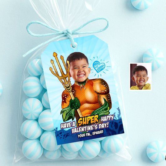Custom Aquaman Valentine’s day gifts tags with kid as his favorite superhero. 2246B