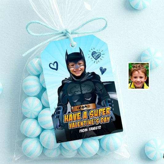 Custom Batman Valentine’s day gifts tags with kid as his favorite superhero. 2247B