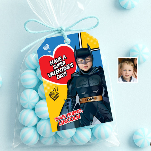 Personalized Batman Valentines tags with child as the star, Valentine Batman themed tags. 2247