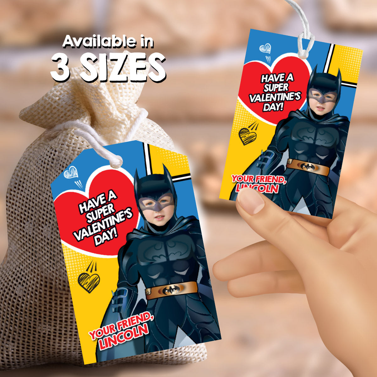 Personalized Batman Valentines tags with child as the star, Valentine Batman themed tags. 2247