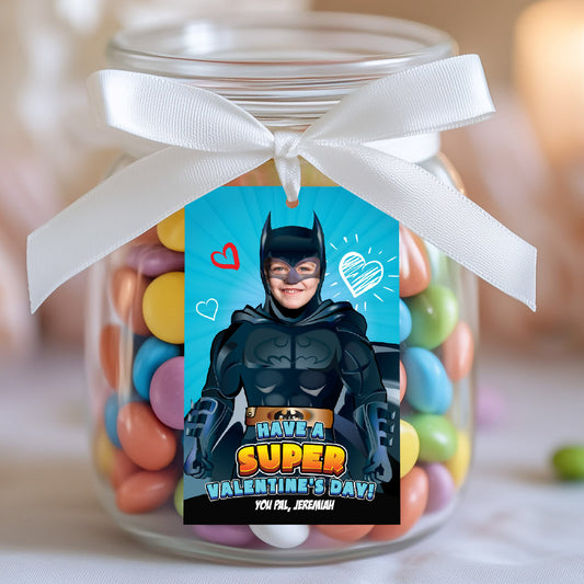 Turn your kid in Batman for his Superhero Valentine’s day tags, Batman Valentine tags. 2247C