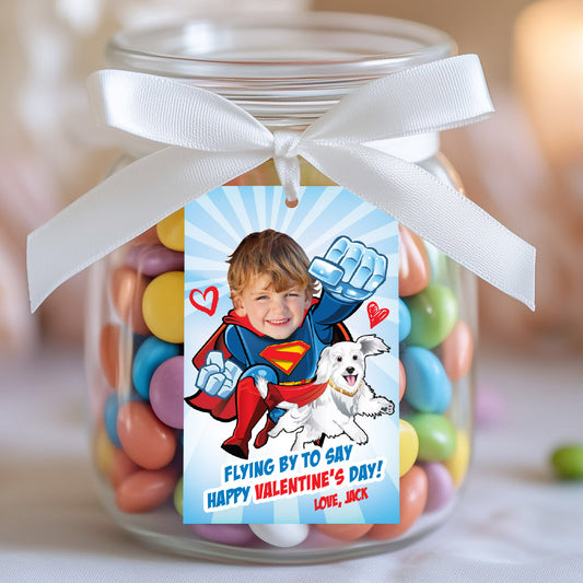Custom Superman Valentine’s day gifts tags with kid as his favorite superhero. 2248B