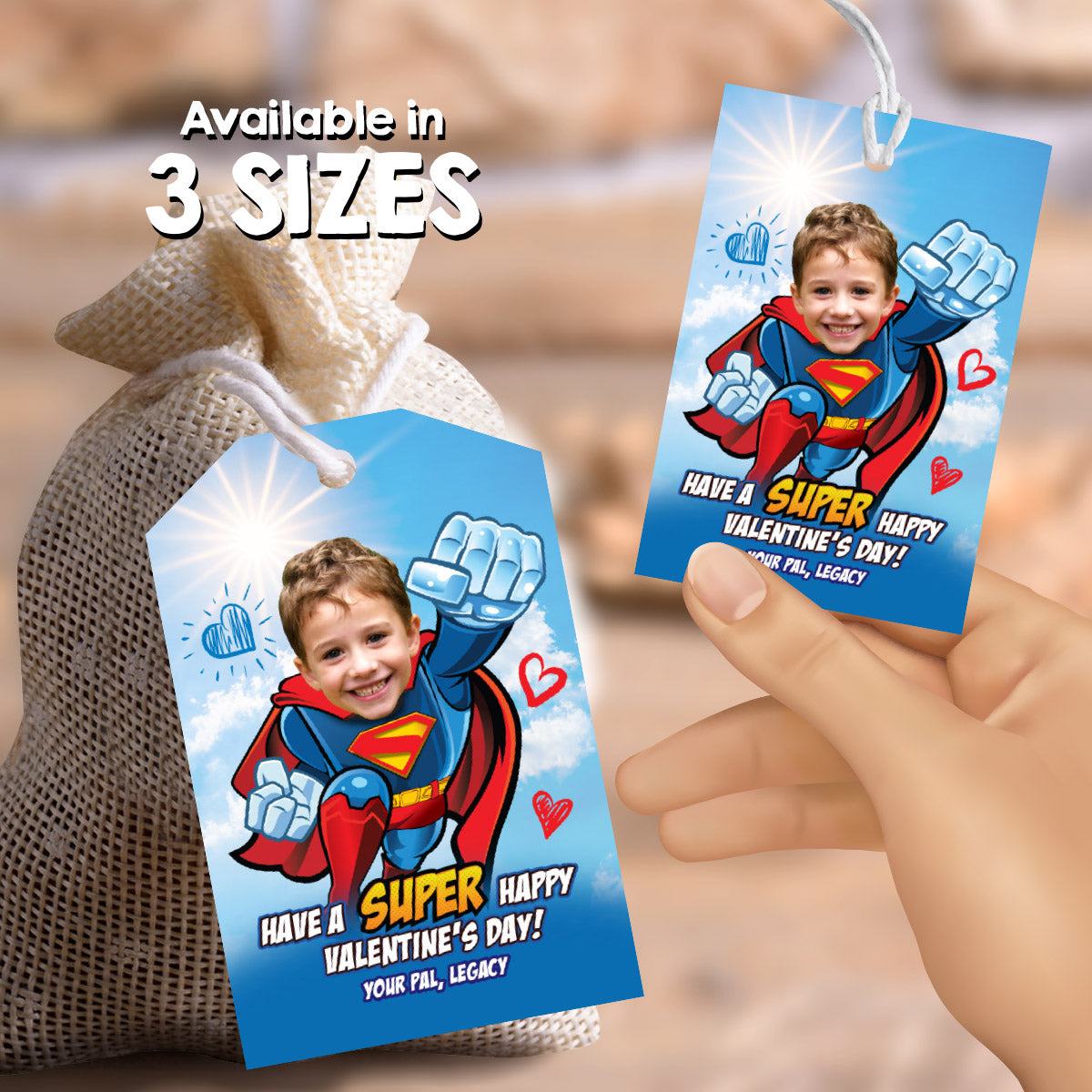 Personalized Superman Valentines tags with child as the star, Valentine Superman themed tags. 2248
