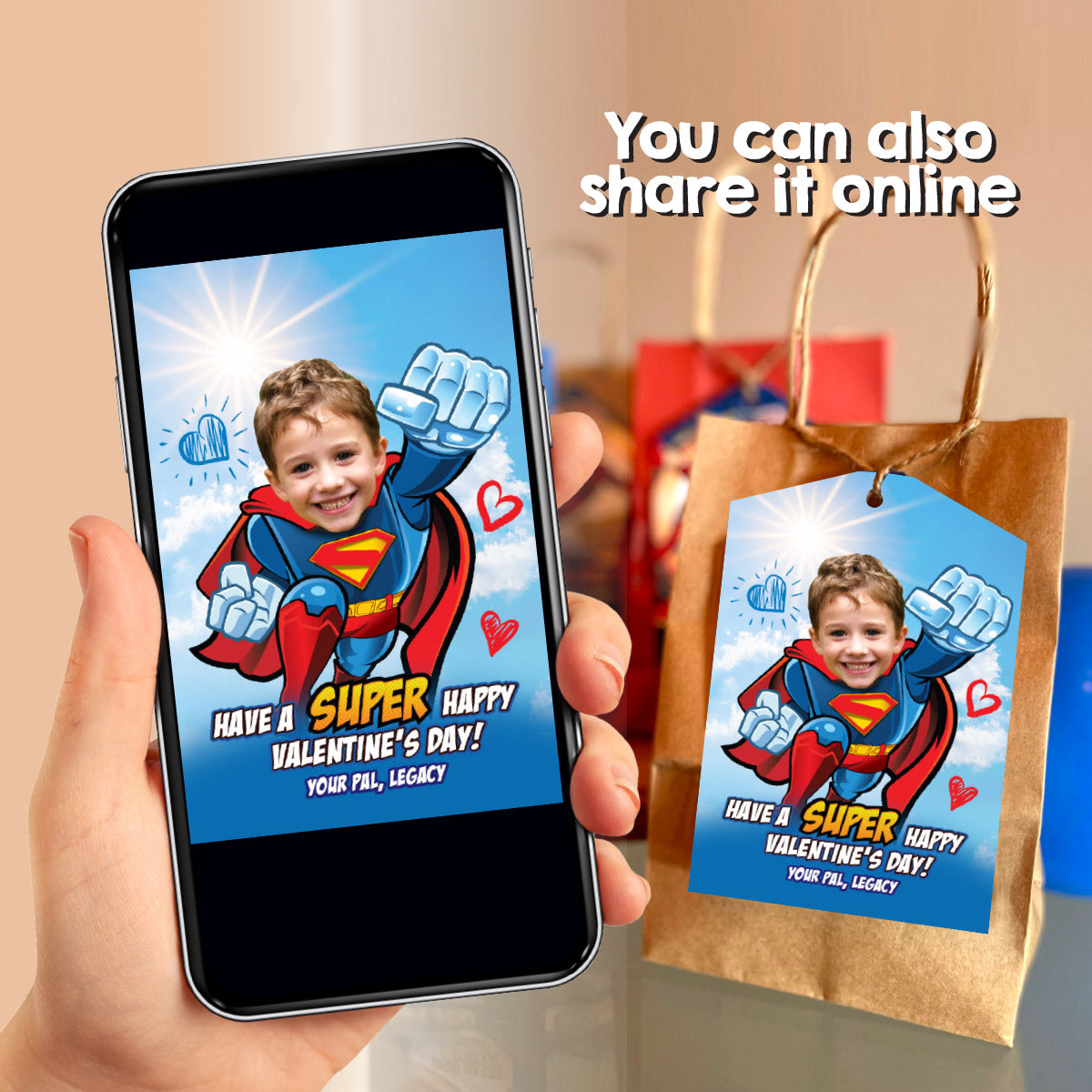 Personalized Superman Valentines tags with child as the star, Valentine Superman themed tags. 2248
