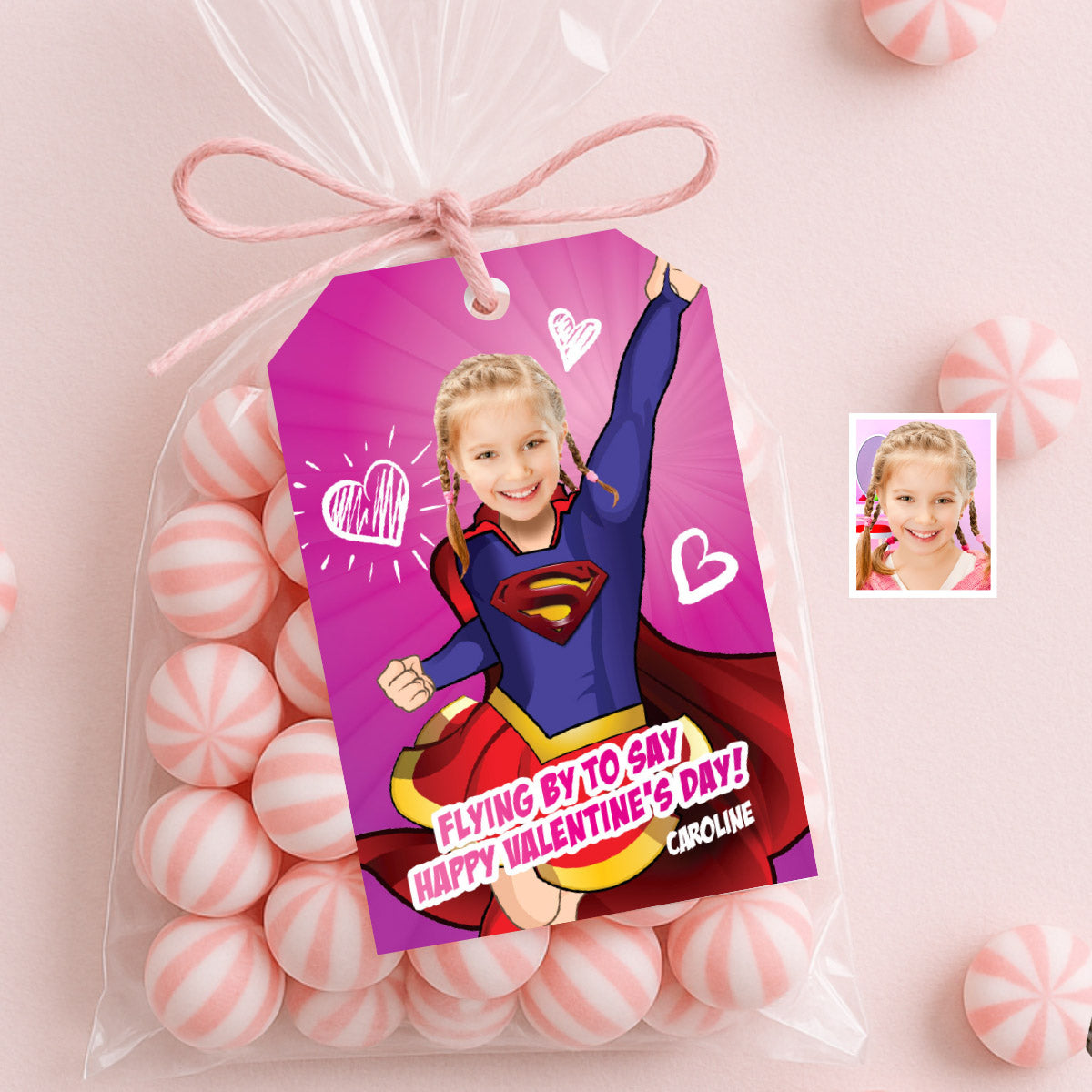Personalized Supergirl Valentines tags with girl as the star, Valentine Supergirl themed tags. 2249