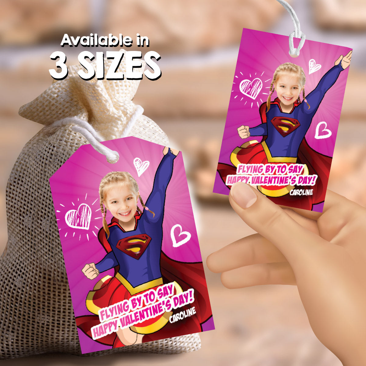 Personalized Supergirl Valentines tags with girl as the star, Valentine Supergirl themed tags. 2249