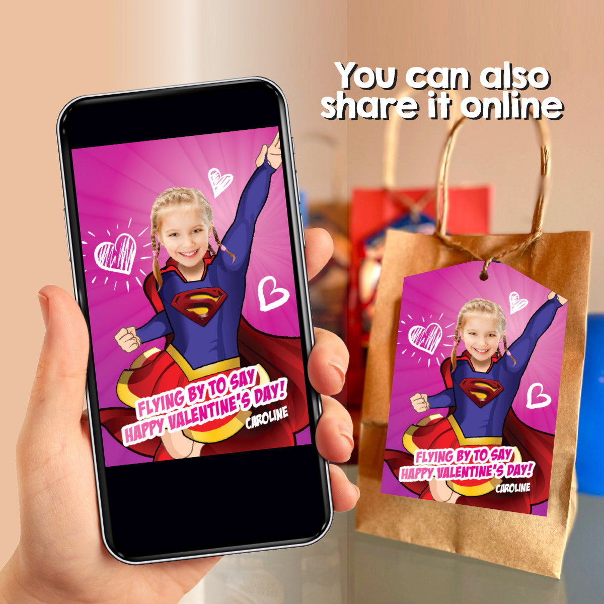 Personalized Supergirl Valentines tags with girl as the star, Valentine Supergirl themed tags. 2249