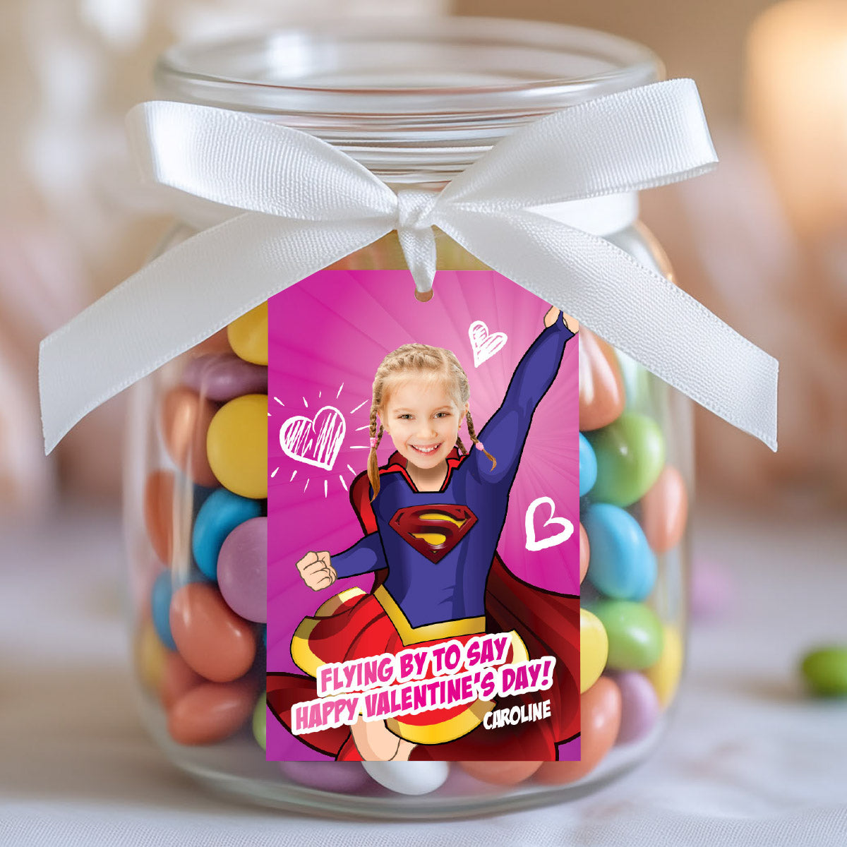 Personalized Supergirl Valentines tags with girl as the star, Valentine Supergirl themed tags. 2249