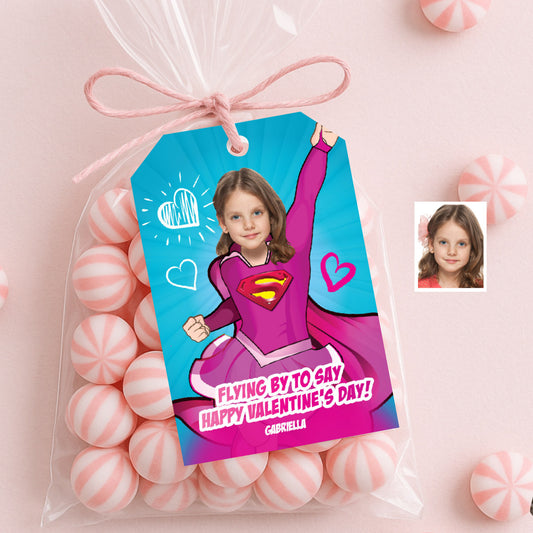 Custom Supergirl Valentine’s day gifts tags with little girl as her favorite superhero. 2249B