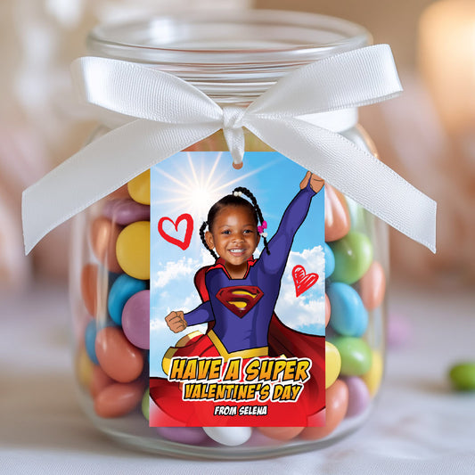 Turn your little girl in Supergirl for her Superhero Valentine’s day tags, Supergirl Valentine tags. 2249C