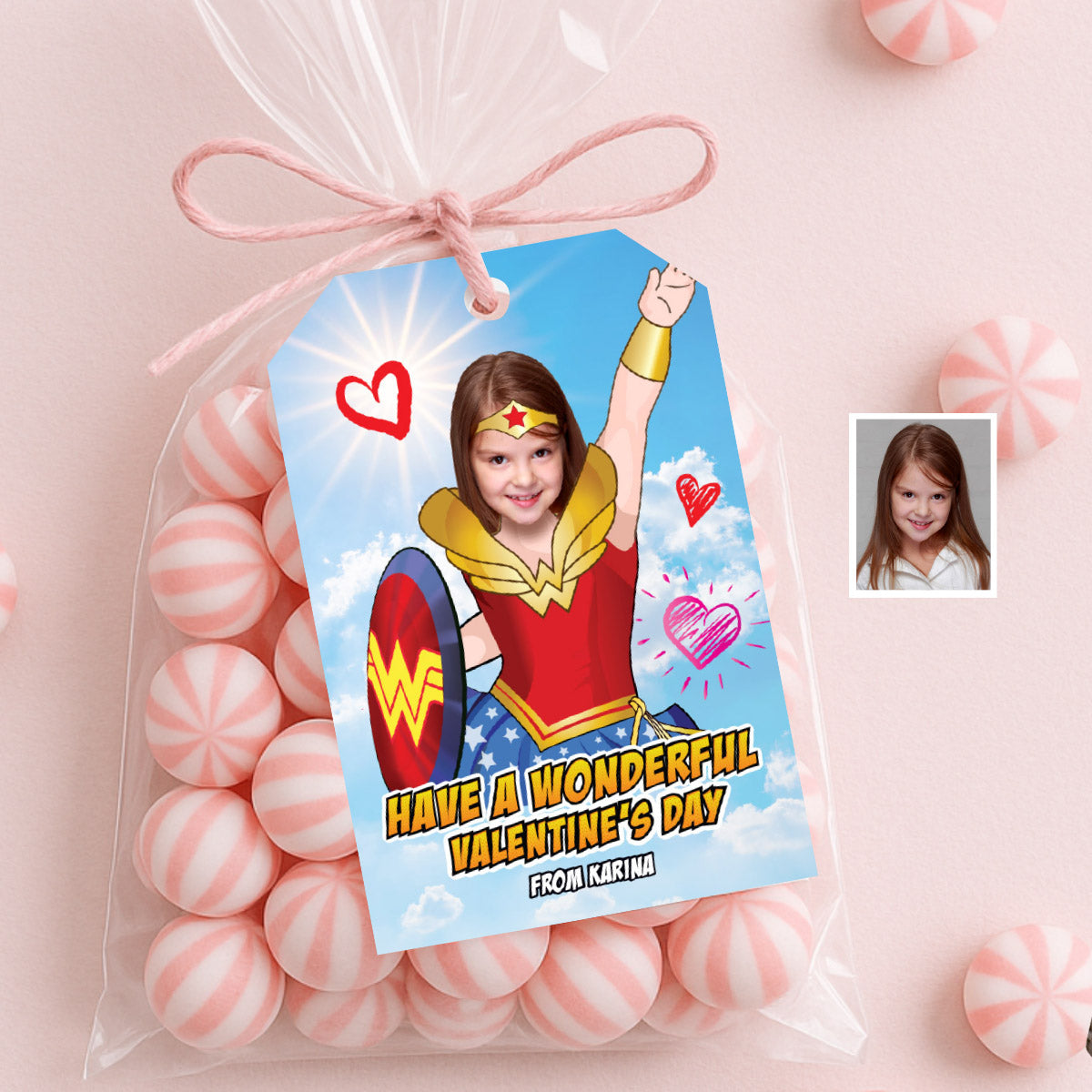 Personalized Wonder Woman Valentines tags with girl as the star, Valentine Wonder Woman themed tags. 2250