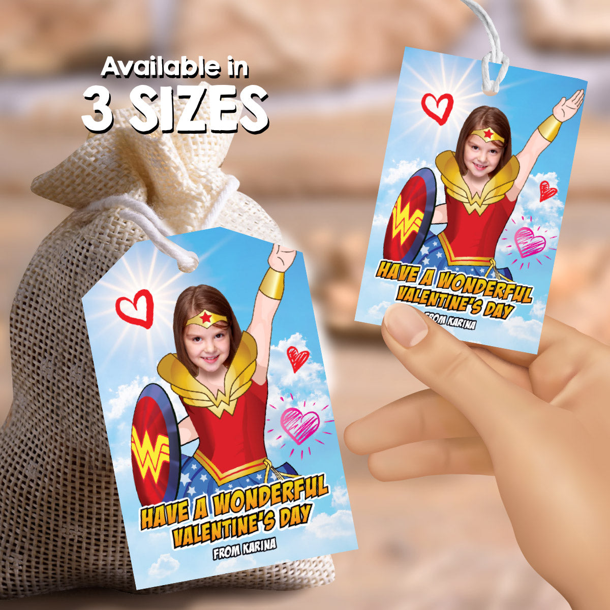 Personalized Wonder Woman Valentines tags with girl as the star, Valentine Wonder Woman themed tags. 2250