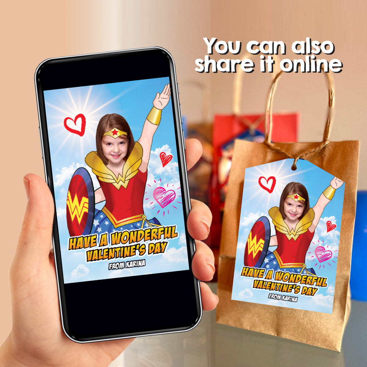 Personalized Wonder Woman Valentines tags with girl as the star, Valentine Wonder Woman themed tags. 2250