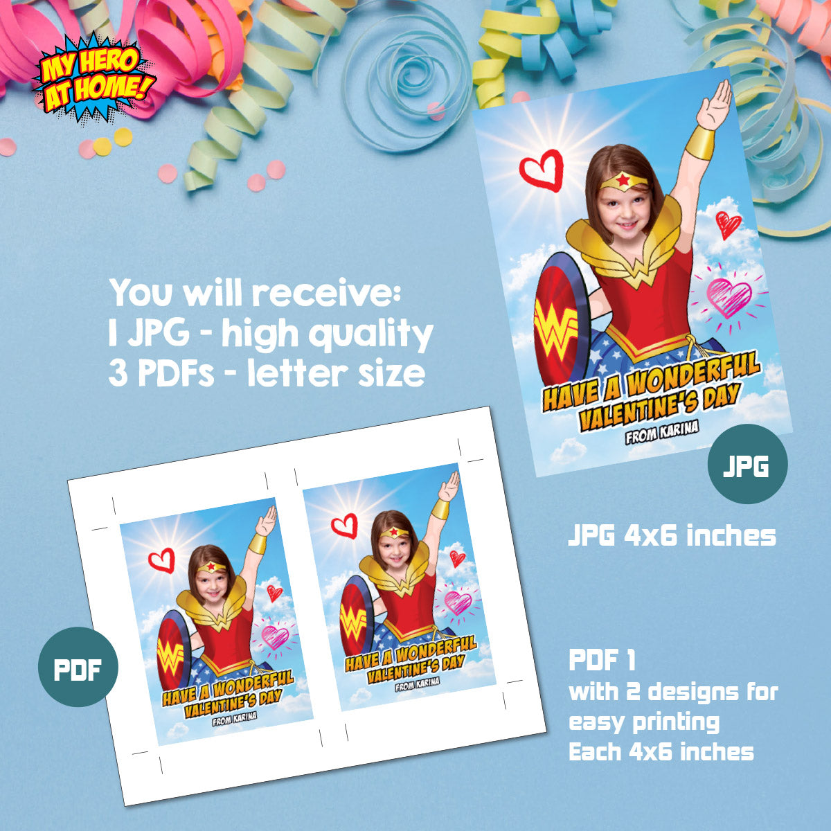 Personalized Wonder Woman Valentines tags with girl as the star, Valentine Wonder Woman themed tags. 2250