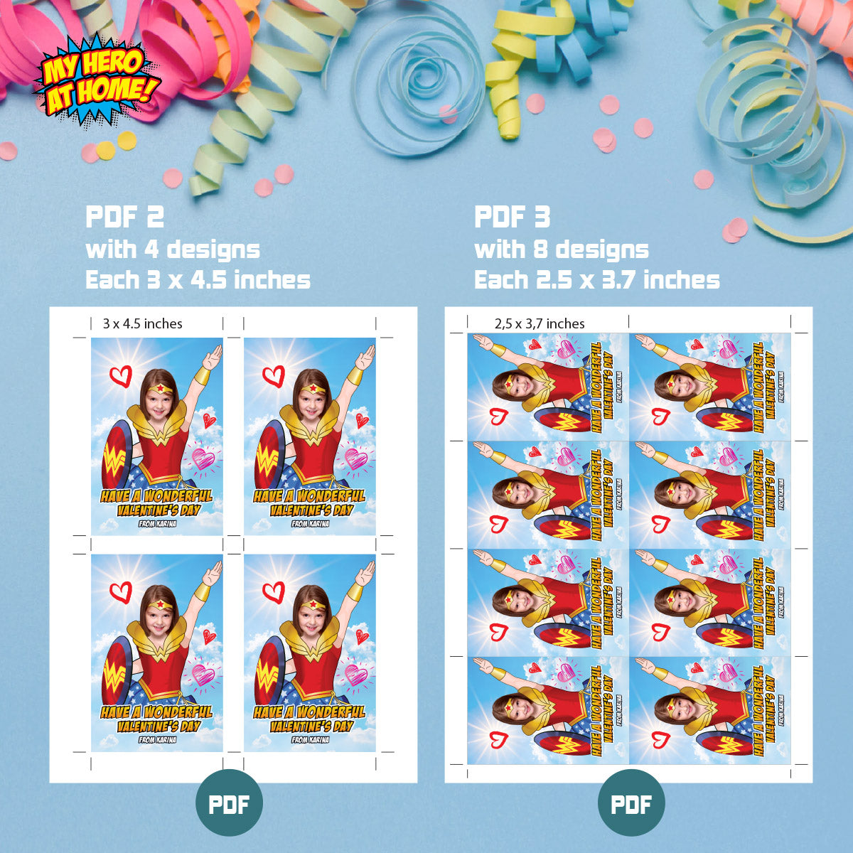 Personalized Wonder Woman Valentines tags with girl as the star, Valentine Wonder Woman themed tags. 2250