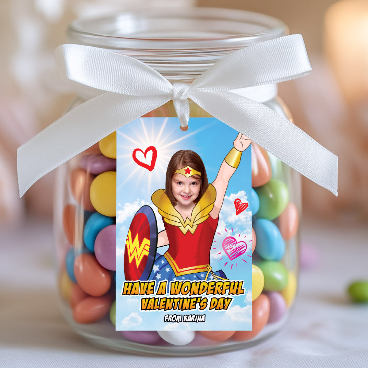 Personalized Wonder Woman Valentines tags with girl as the star, Valentine Wonder Woman themed tags. 2250