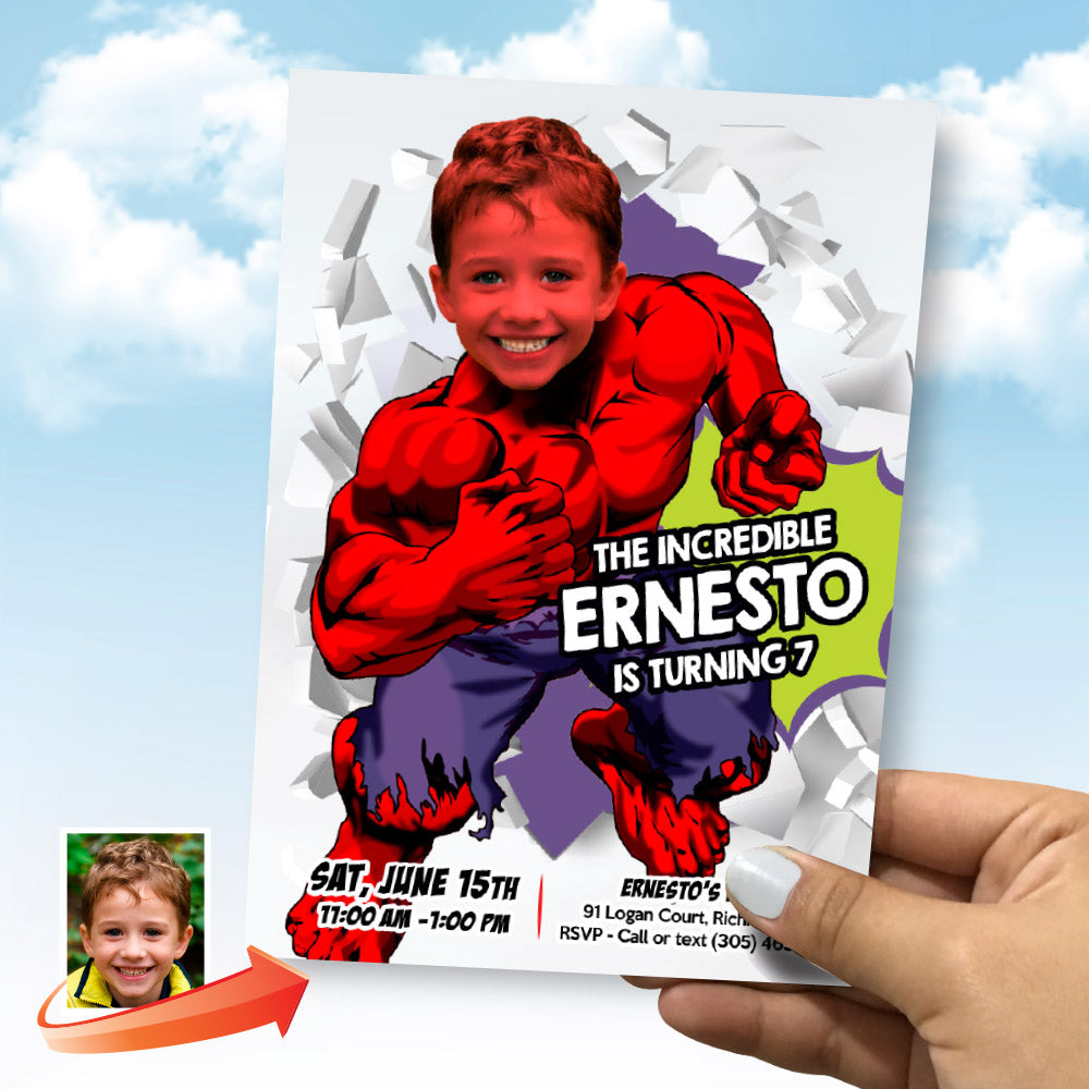 Red Hulk Party template Invitation, Red Hulk birthday themed, Red Hulk party Invite, Red Hulk photo Invite. 2257